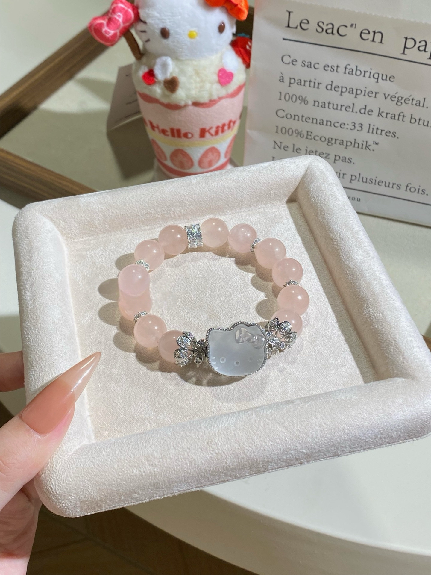 天然粉水晶手链女生可爱粉水晶kitty凯蒂猫手串水晶串珠闺蜜