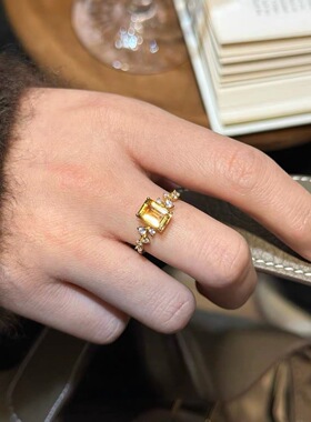天然黄水晶纯银方糖轻奢精致戒指高级感小众设计宝石指环