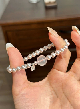 春日温柔曼塔玫瑰珍珠天然莫粉水晶纯银手串轻奢手链女生