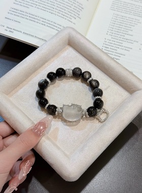 天然银曜石粉水晶Kitty猫头手链女款时尚饰品潮流国风女手串手链