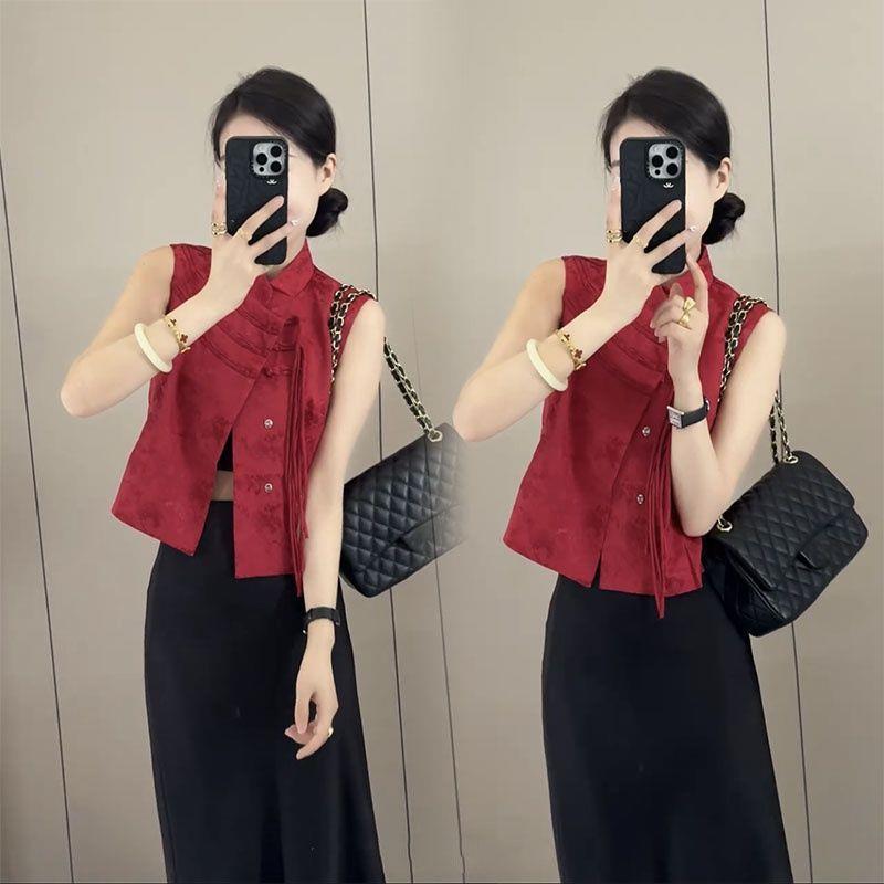 红色短款背心女2025夏季新款新中式国风改良旗袍无袖上衣外穿小衫