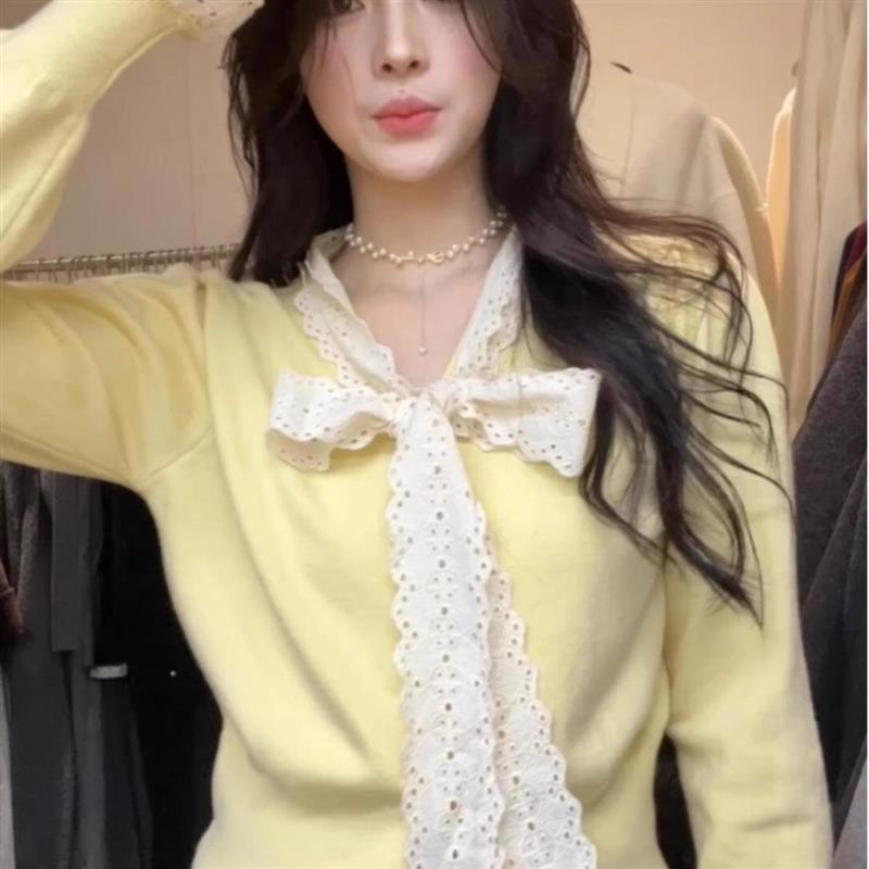 黄色蕾丝蝴蝶结v领毛衣针织衫女毛针织衫