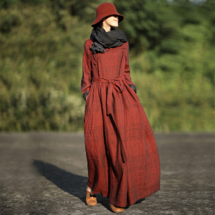 赫轩原著文艺范亚麻连衣裙女秋冬复古条纹长裙显瘦长款 打底裙正