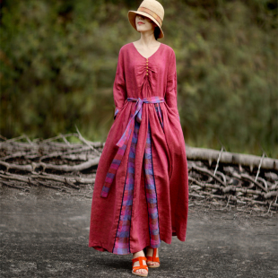 女装 新款 棉麻连衣裙文艺复古长裙子收腰大摆裙 高档春季 5折捡漏