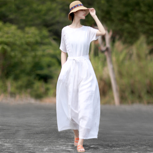 苎麻连衣裙文艺女装 新款 收腰显瘦盘扣仙女长裙 高档夏季 6折捡漏