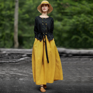 拼接撞色显瘦气质长裙 文艺复古女装 6折捡漏 亚麻连衣裙高档春季