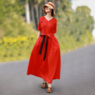 5折捡漏】原创民族风文艺复古连衣裙夏季女装显瘦气质红色长裙春