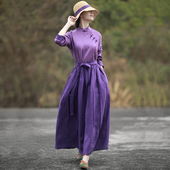 复古显瘦气质长裙正 新款 赫轩原著亚麻连衣裙民族风女装 高档春季