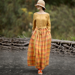 文艺棉麻连衣裙女装 新款 复古格子长裙显瘦气质 高档春季 6折捡漏