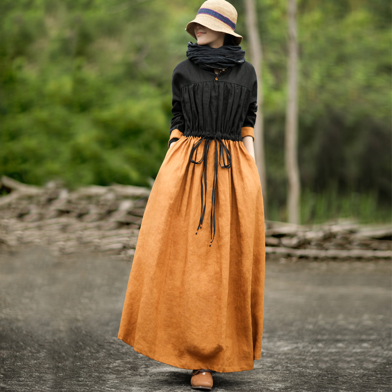 赫轩原著民族风亚麻复古撞色拼接