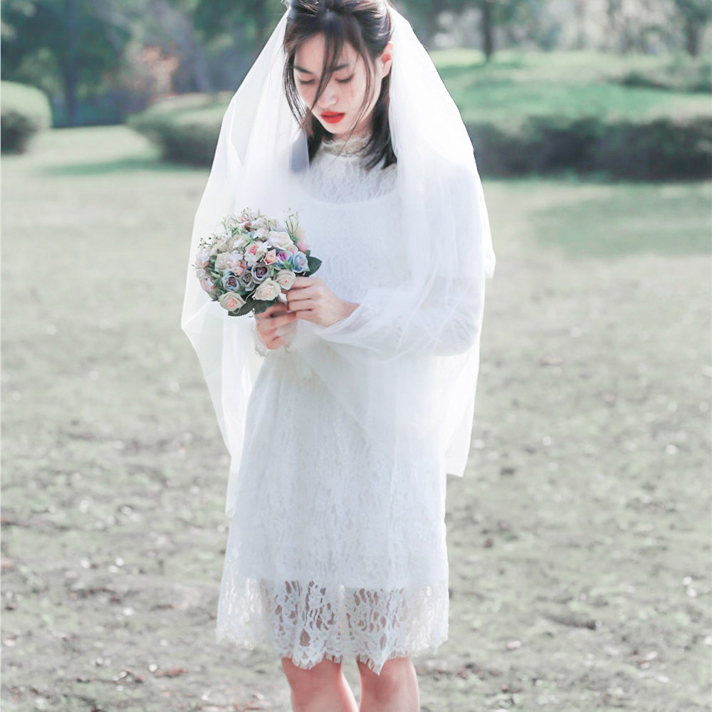 清仓日常拍摄蕾丝小白裙订婚领证白色连衣裙森系结婚小婚纱礼服