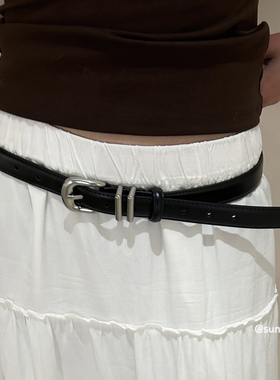 sunsway黑色韩版简约ins风真皮小众设计感细腰带女百搭高级感