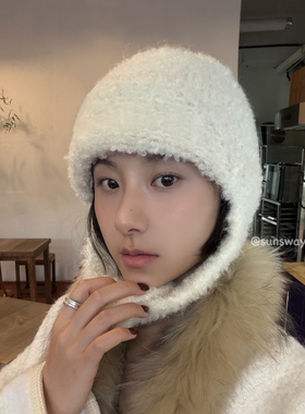 sunsway韩系秋冬毛绒绒护耳护颈帽可爱风简约显脸小保暖针织帽