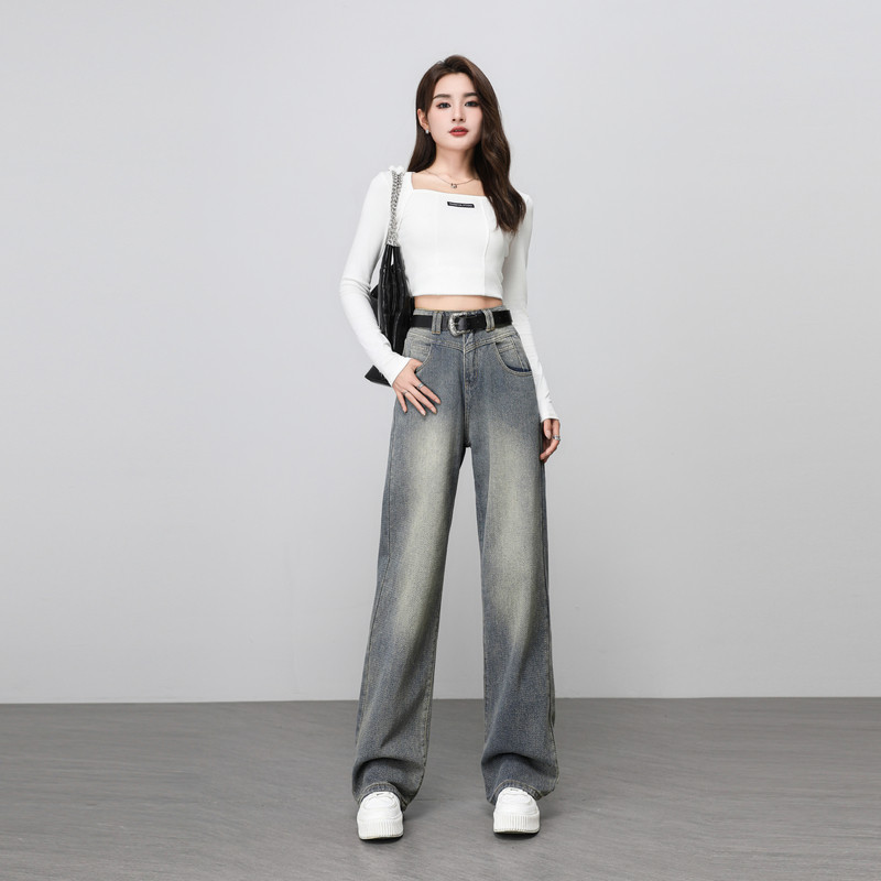 美式星空纹高腰直筒牛仔裤女2026春夏新款宽松显瘦复古高街阔腿裤