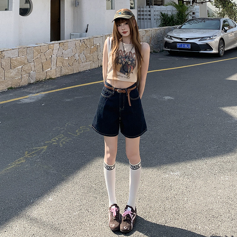 深蓝美式复古五分牛仔裤女2026新款夏季薄款宽松高腰显瘦直筒短裤