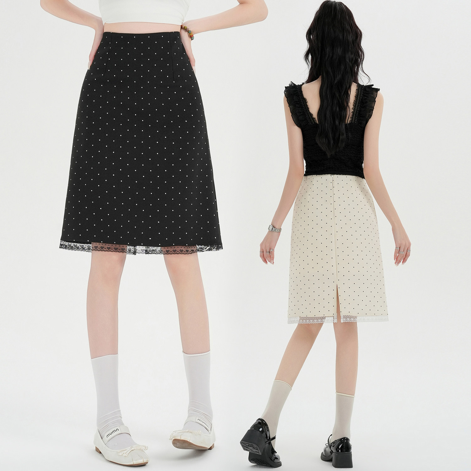 黑白波点蕾丝开叉淑女半身裙女2026夏季新款高腰显瘦a字裙子女