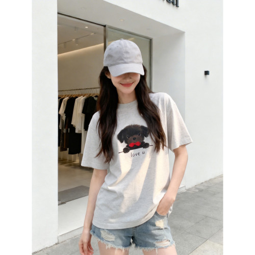 2026夏季新款重磅全棉落肩款小狗印花T恤女宽松显瘦百搭短袖上衣