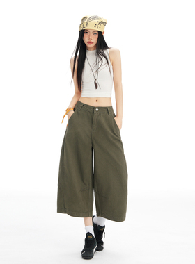 军绿色牛仔七分裤女2026夏季新款宽松显瘦小众复古解构设计阔腿裤