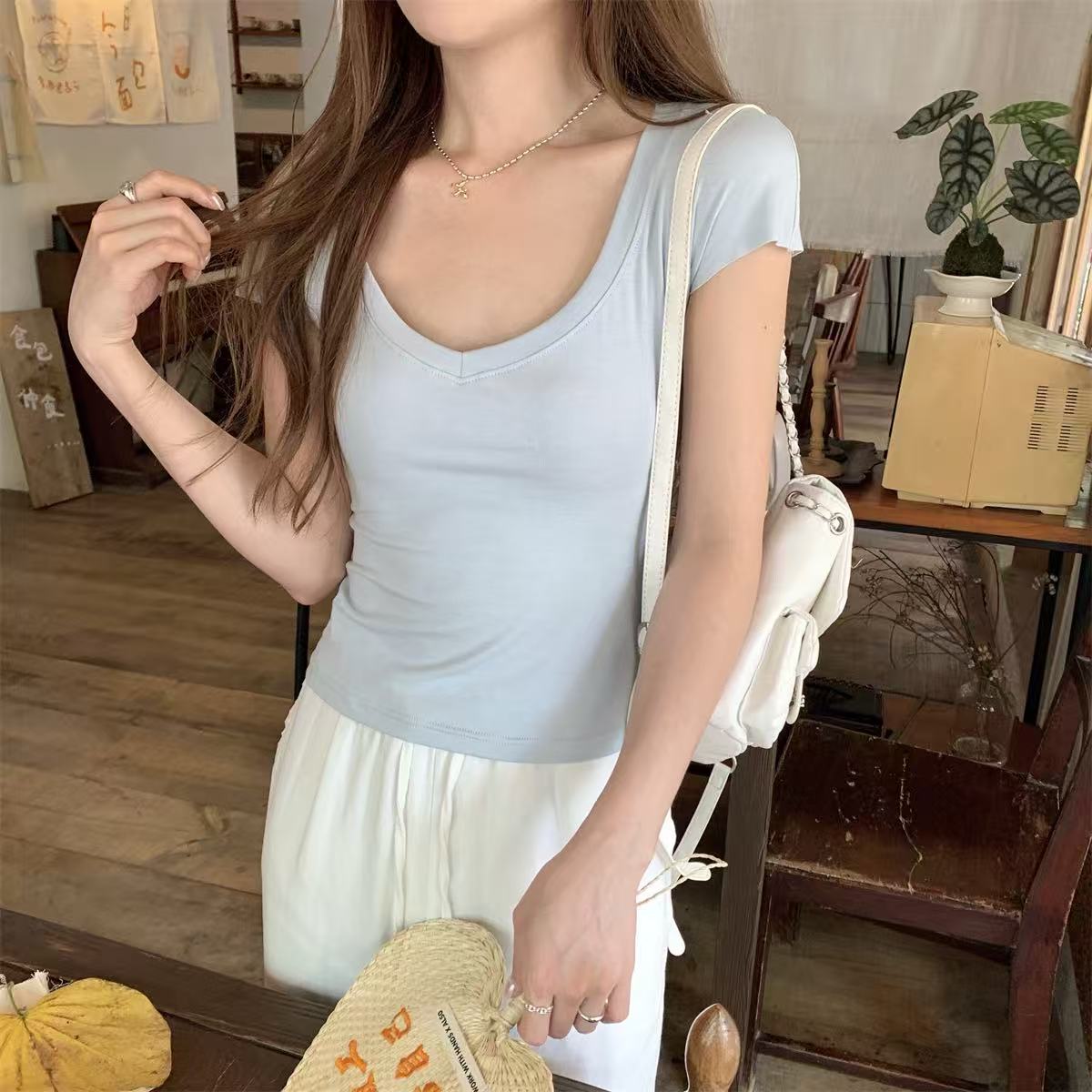 夏季韩版V领短袖修身显瘦T恤女