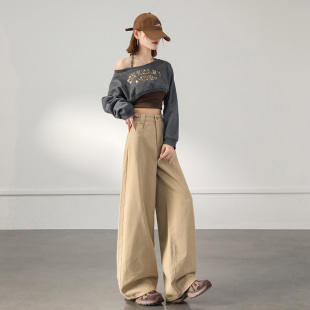 纯色拿铁棕色百搭显瘦休闲裤 美式 新款 宽松直筒裤 女 辣妹阔腿裤