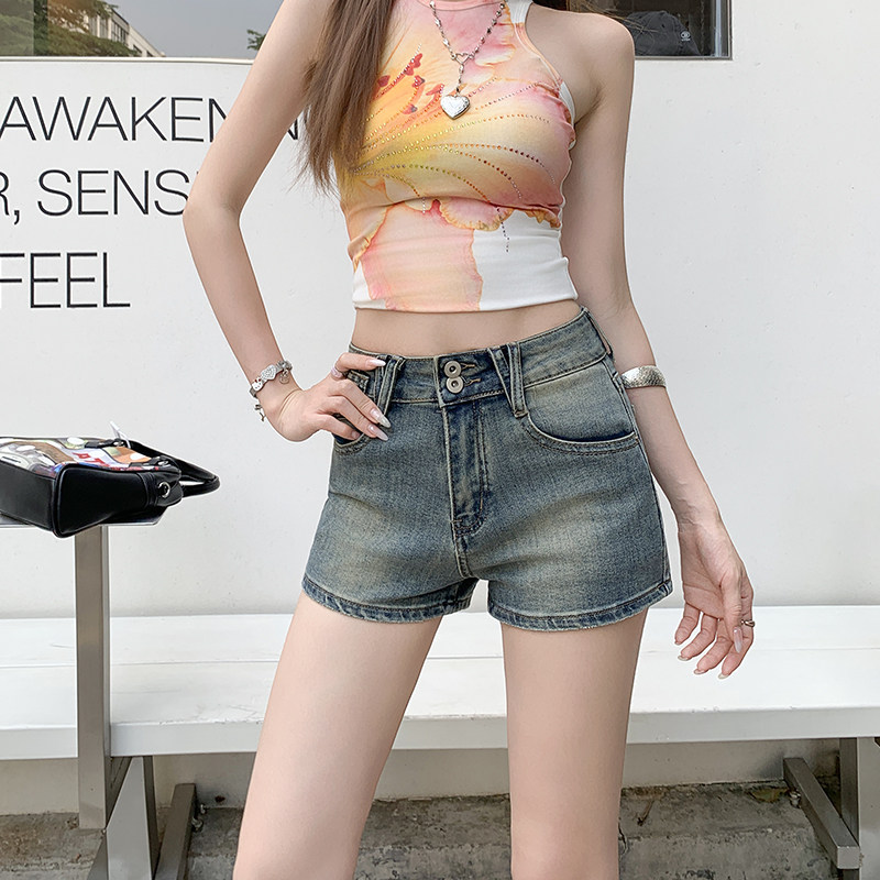 复古蓝高腰显腿长牛仔短裤女