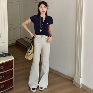 白色美式复古微喇牛仔裤女2026新款春季小个子显瘦修身拖地喇叭裤