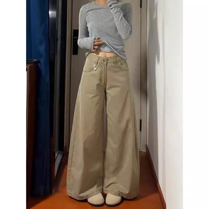 卡其色阔腿牛仔裤女小个子春夏新款高腰宽松显瘦休闲拖地直筒长裤