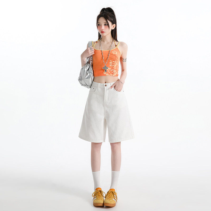 白色高腰牛仔短裤女2026夏季新款小个子宽松显瘦A字直筒五分裤子