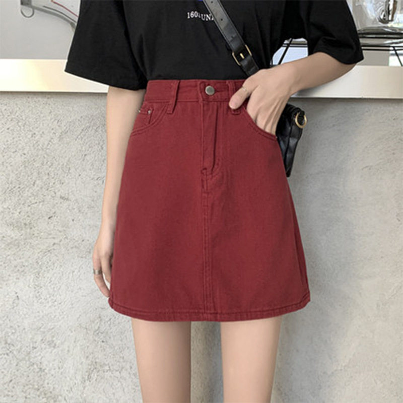 春夏新款韩版百搭酒红色牛仔短裙女学生大码高腰半身裙显瘦A字裙