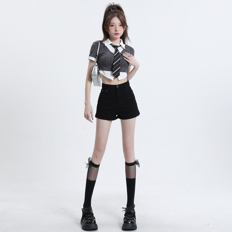 黑色韩版辣妹风牛仔短裤女2026新款夏季高腰显瘦修身清新直筒短裤