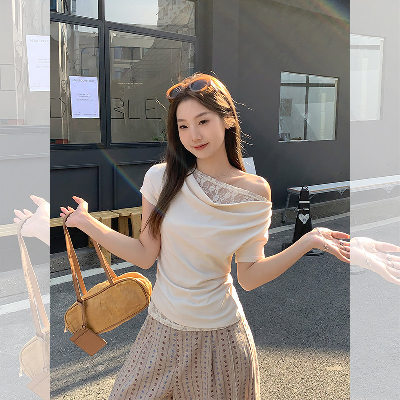 夏季甜美蕾丝拼接荡领假两件T恤