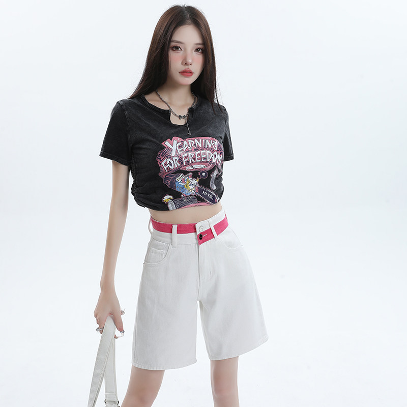 白色高腰直筒牛仔短裤女2026夏季新款设计感宽松显瘦阔腿五分裤