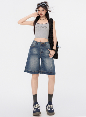复古蓝辣妹风直筒牛仔五分裤女2026新款夏季小众宽松显瘦阔腿裤子
