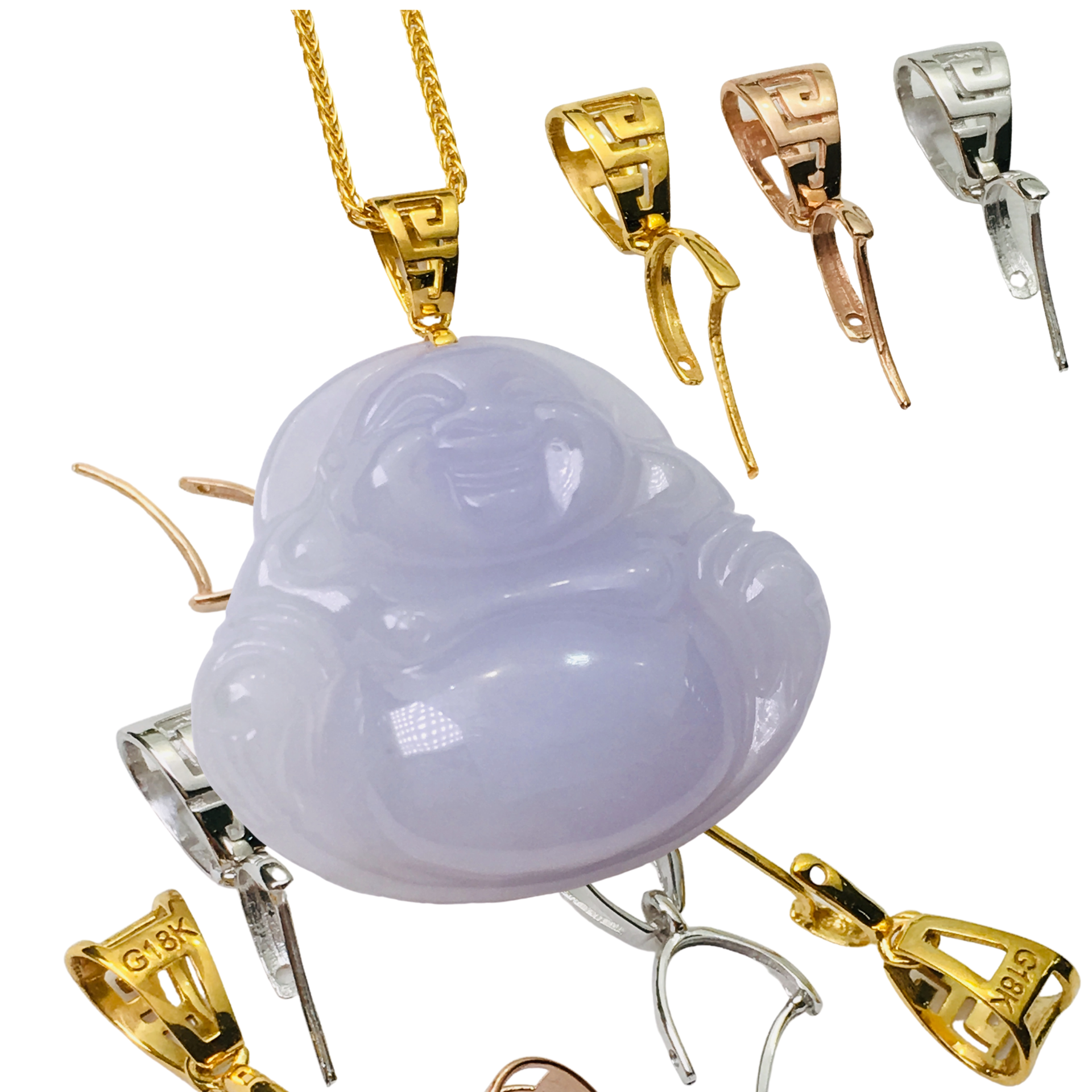 正品18k金瓜子扣吊坠金扣头配件18K金玉佛扣diy夹扣翡翠斜孔牛鼻