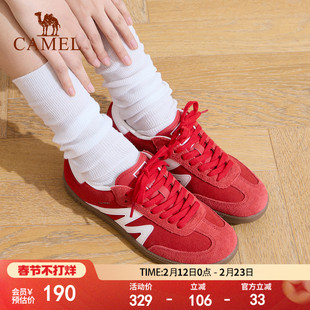 骆驼板鞋女新款平底小白鞋红色复古休闲鞋T头鞋百搭德训鞋女鞋