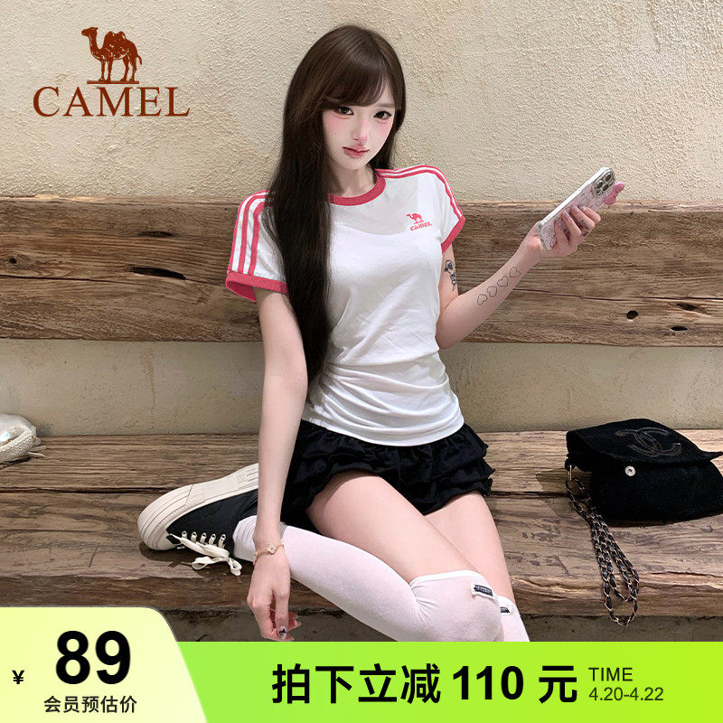夏日骆驼T神运动T恤女纯棉辣妹正肩修身百搭休闲夏季复古美式上衣