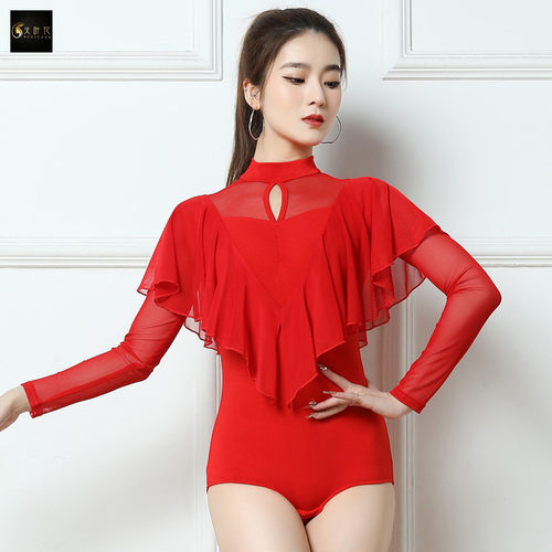 火叶花摩登舞连体衣高领荷叶上衣