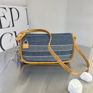 MASHA条纹帆布HOBO腋下包女链条斜挎包大容量通勤女包法棍包潮女