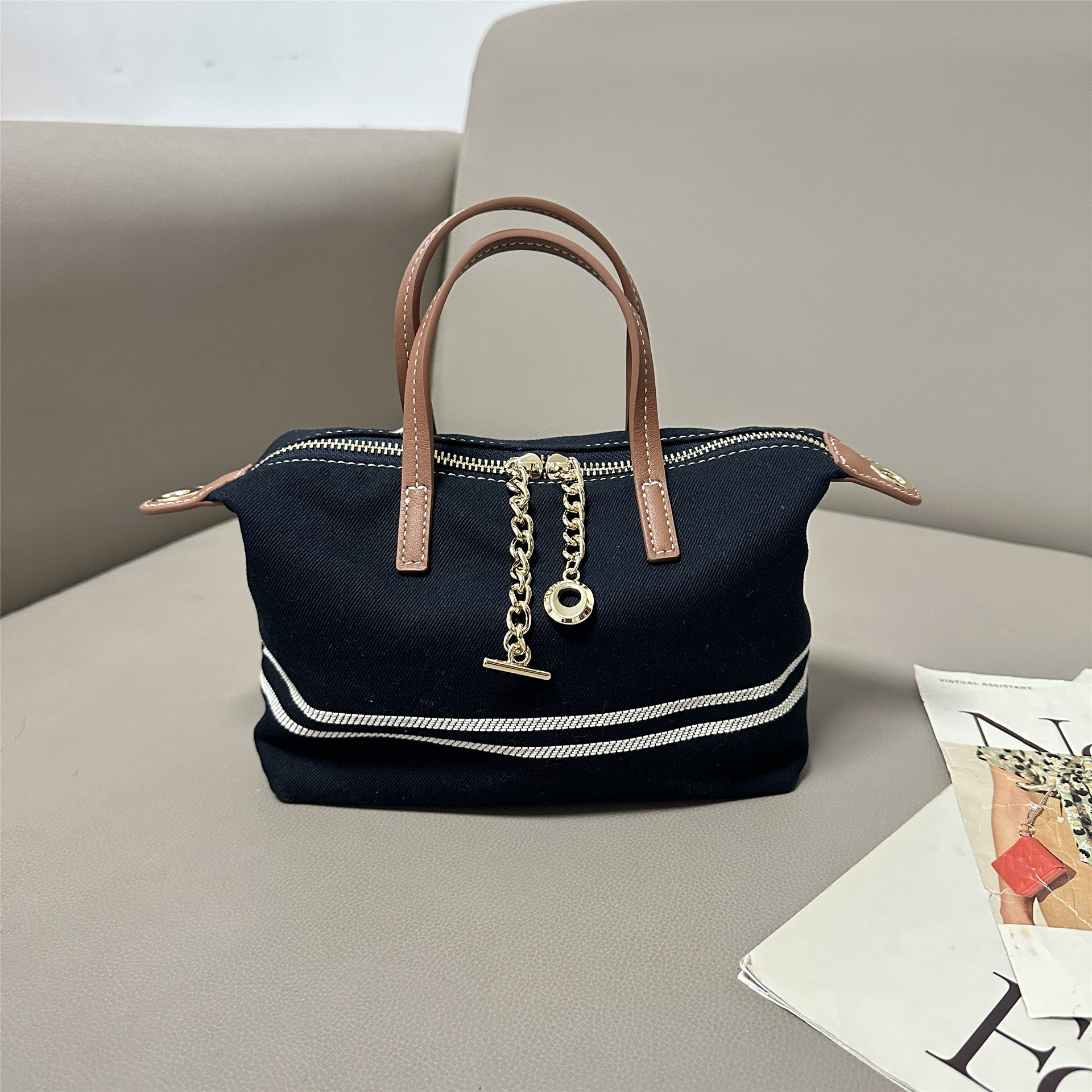 2026时髦休闲简约风条纹托特包女手提单肩斜挎包百搭通勤女士包潮