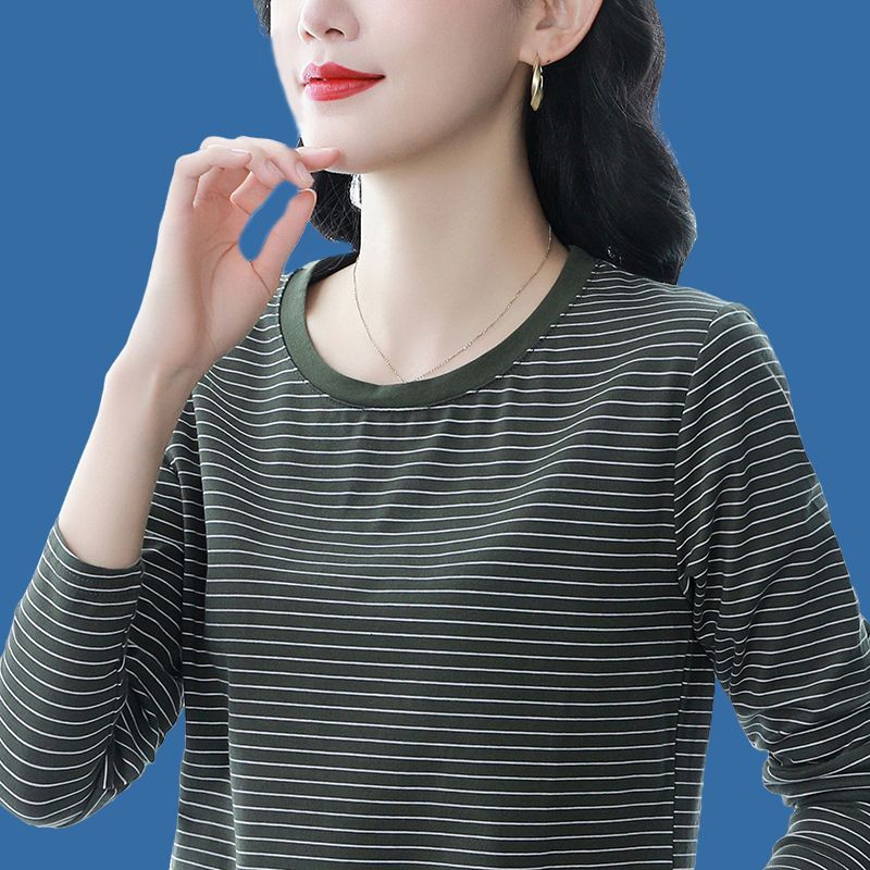 纯棉长袖t恤女装初秋季新款上衣条纹中年妈妈宽松大码打底衫内搭