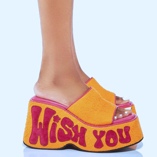 黄色坡跟增高凉拖鞋女娃同款夏季新款小个矮子乐超高厚底松糕鞋子