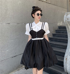 Real price versatile cross collar design shirt + high waist floral bud skirt with strap dress