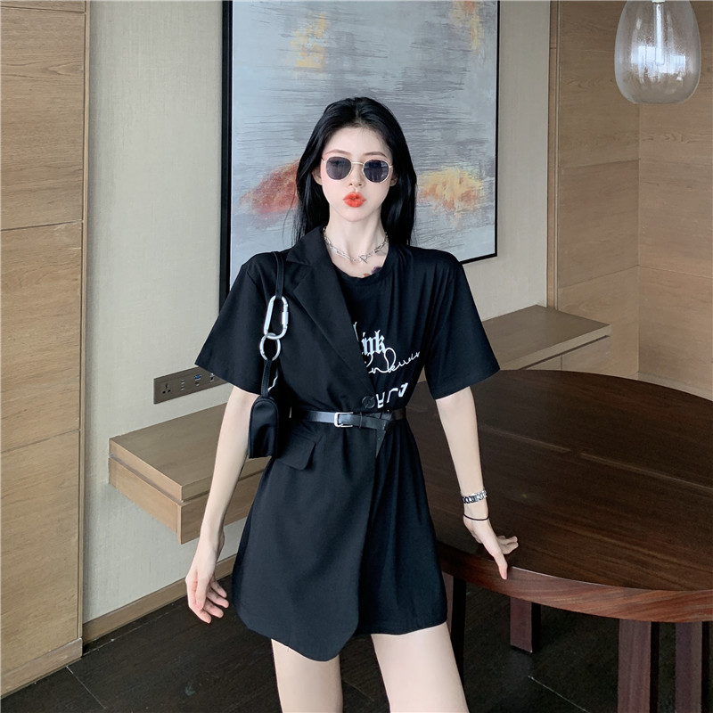 Real shot real price multi match suit letter printing short sleeve medium length T-shirt with belt