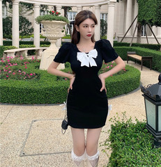 Real price niche bubble sleeve bowknot slim black dress