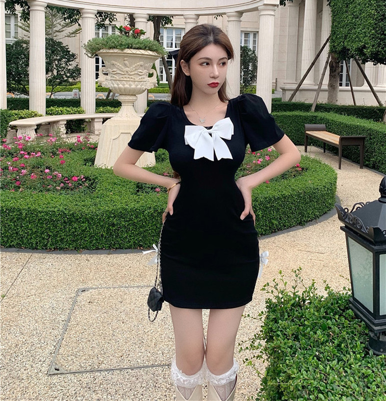 Real price niche bubble sleeve bowknot slim black dress