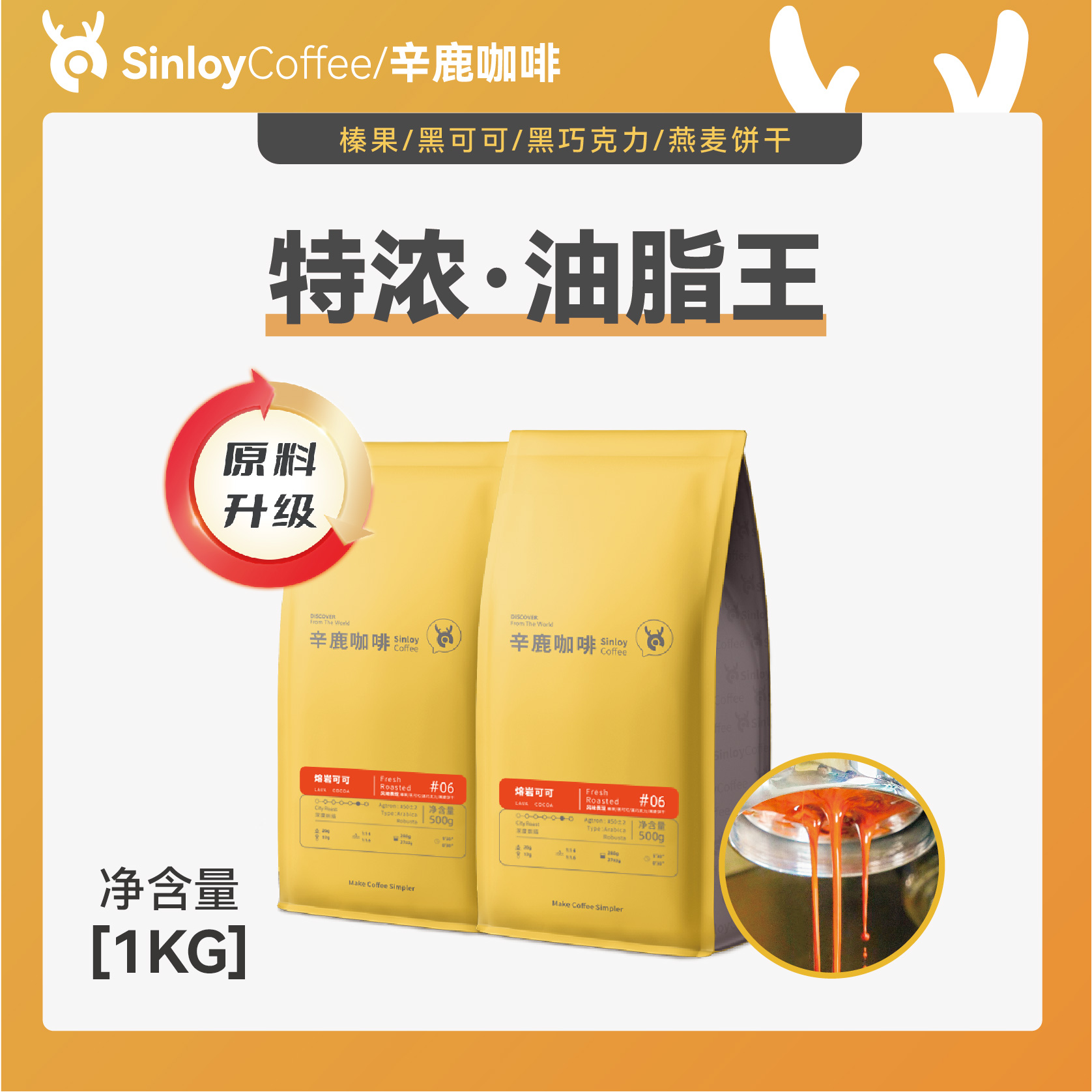 Sinloy辛鹿 意式特浓咖啡豆 炭烧拼配 无酸油脂王 可现磨粉 1KG