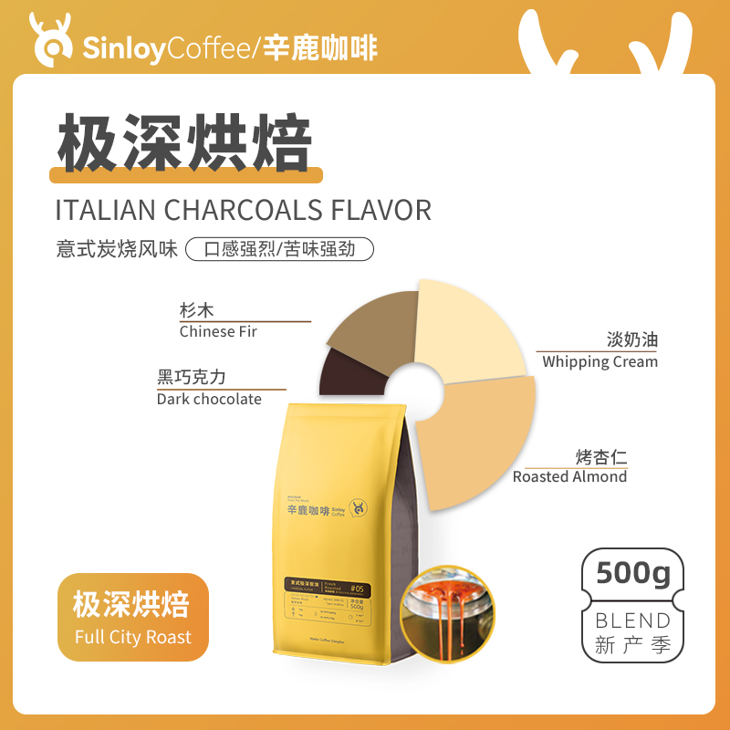 SINLOY 意式极深烘焙 炭烧风味云南咖啡豆 低酸可现磨咖啡粉 500g 咖啡/麦片/冲饮 咖啡豆 原图主图