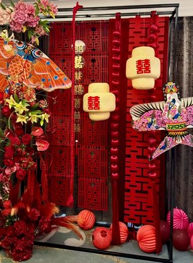 新中式红色系婚房氛围感场景布置装饰竹编灯笼结婚背景墙拍照道具