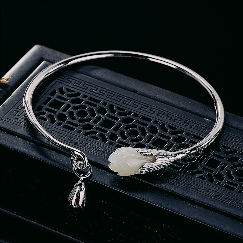 s990足银纯银镶嵌和田玉白玉玉兰花女开口手镯手环中国风汉服配饰