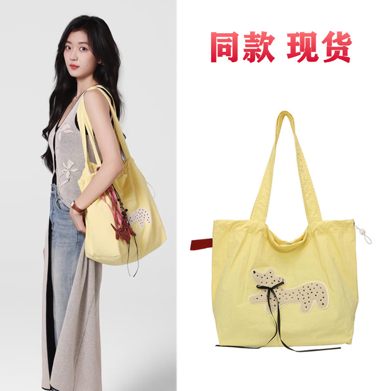 早春晴朗尚之桃孙千同款帆布包蝴蝶结斑点小狗抽绳大容量女单肩包